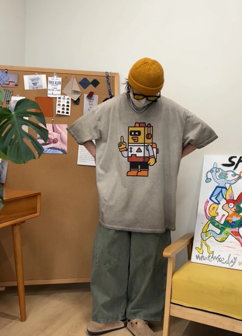 日系复古机器人宽松大版做旧炒色圆领休闲短袖T恤