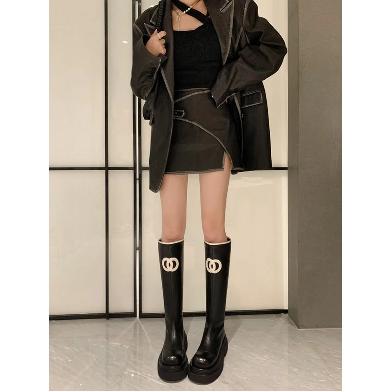 雅西女孩~粗花呢风格圆头厚底高筒骑士靴修身多功能防水雨靴黑色