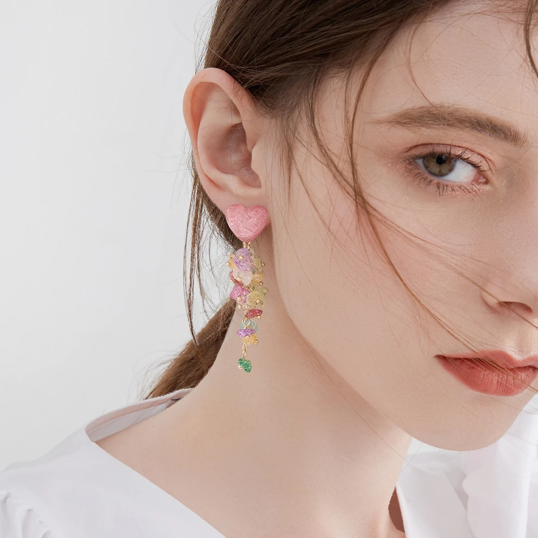 mck 合金仿水晶耳饰 多巴胺爱心流苏耳环女轻奢粉色耳钉时尚耳饰