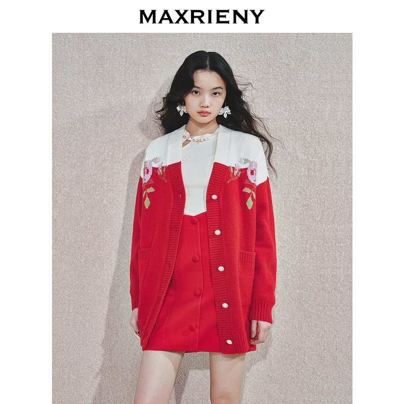 【诗语专属】MAXRIENY复古小香风针织外套女装宽松百搭秋冬绣花上衣