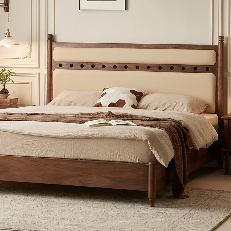 黑胡桃木床主卧法式复古中古风软包靠背1米8大床家用实木超薄床头
