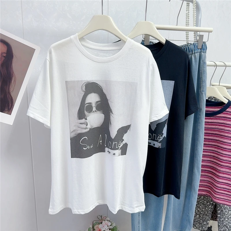 欧货薄款透气雪花棉复古人像印花圆领短袖T恤女宽松慵懒上衣夏季