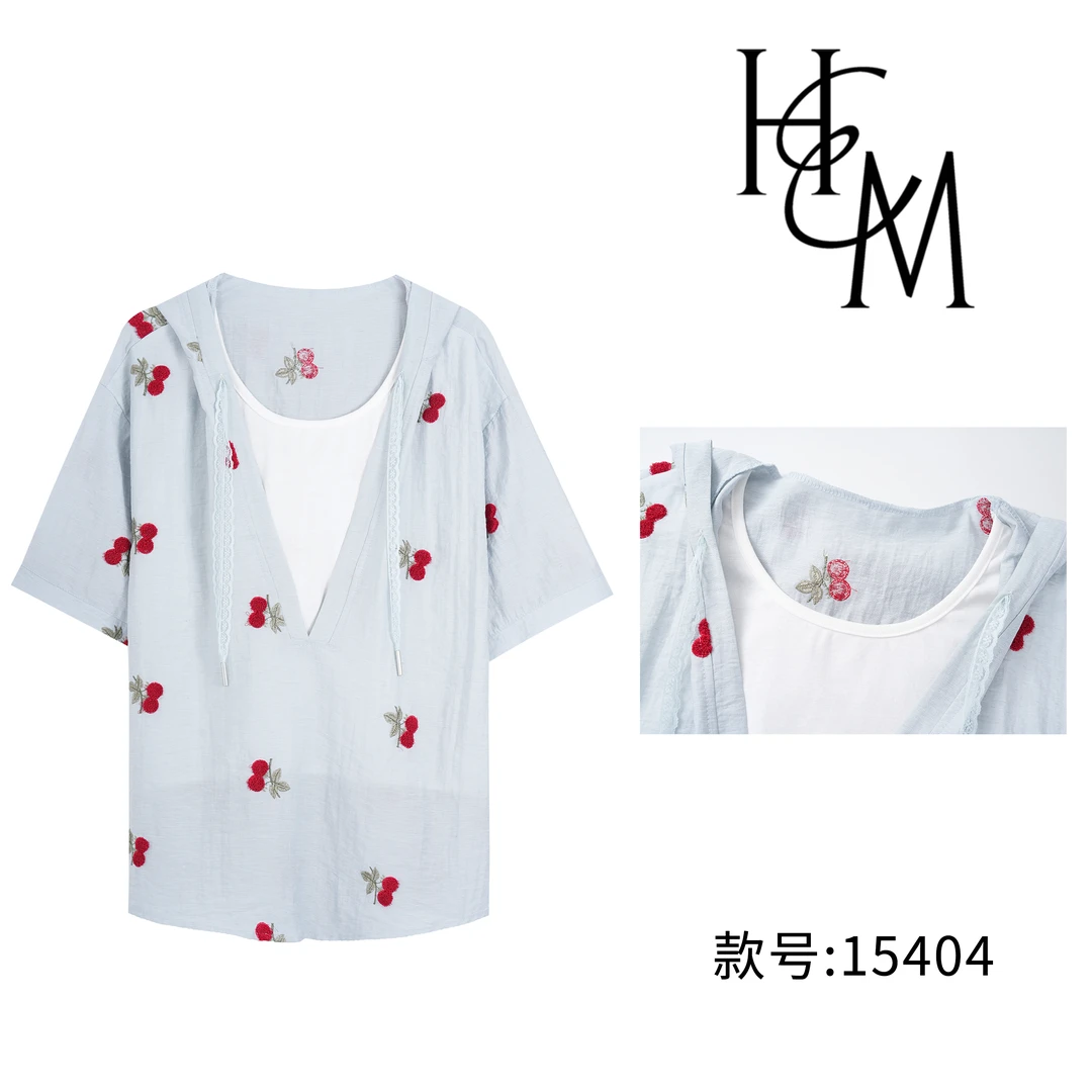 HUIERMAN/慧尔曼时尚气质拼接假两件苎麻樱桃刺绣连帽衬衫【15404】