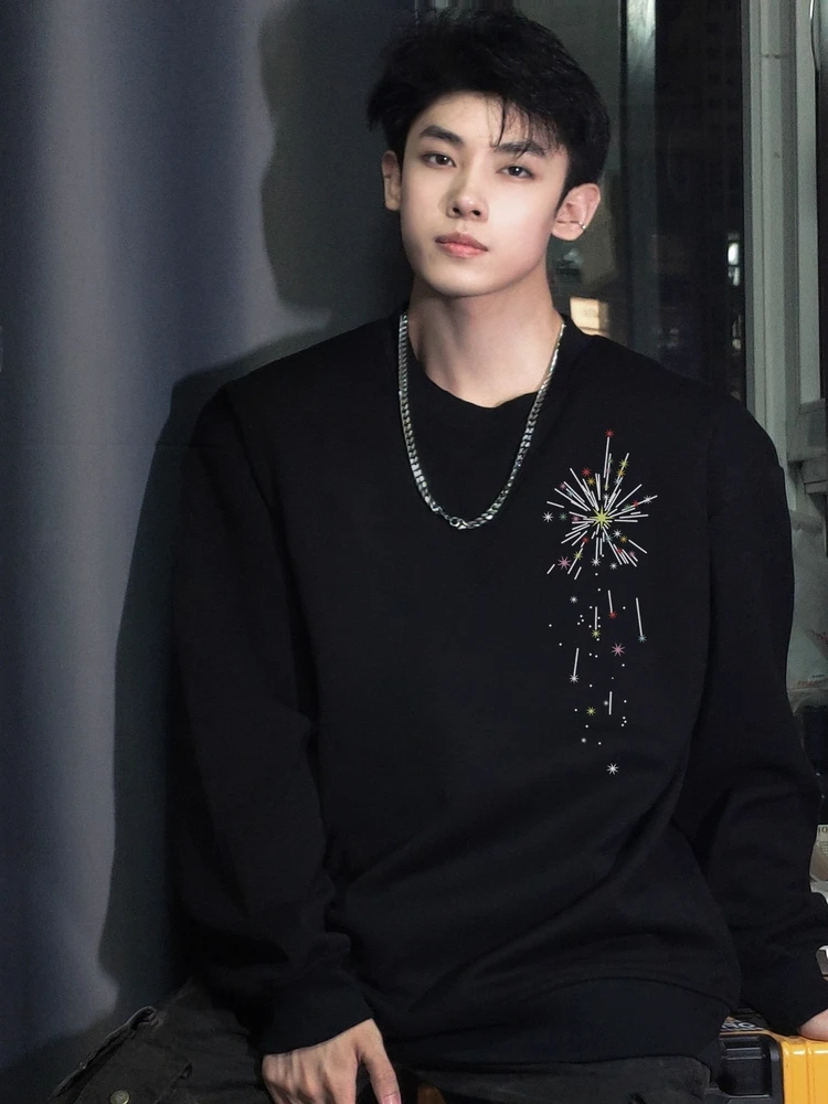 秋冬国潮渐变烟花图案印花圆领卫衣男重磅潮酷宽松重磅情侣款外套