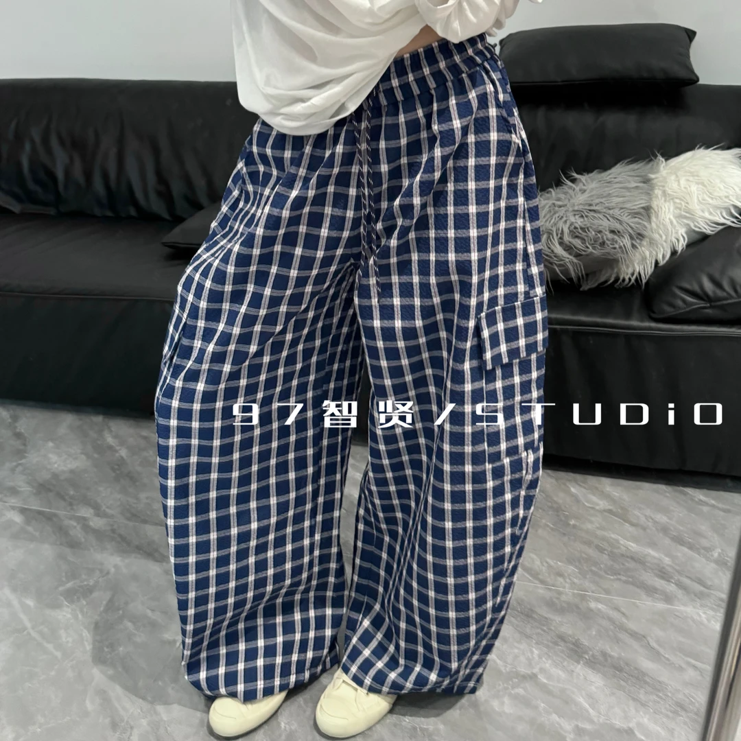智贤 【颗粒感大兜经典格纹裤弯刀裤直筒裤百搭】慵懒风