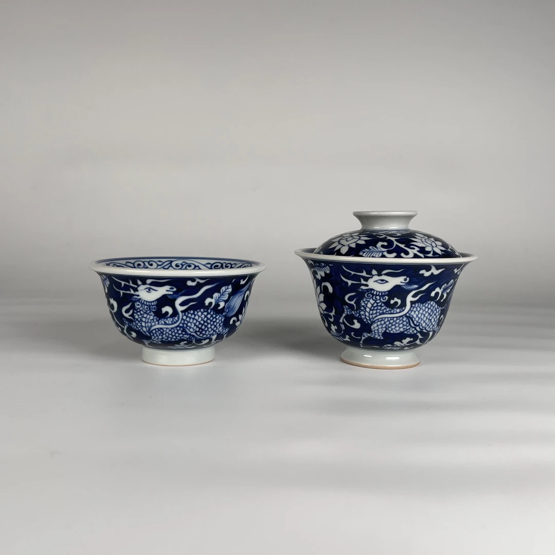 元青花 蓝地麒麟追凤茶器茶具 压手杯 铃铛杯 元宝盖碗 岩茶盖碗