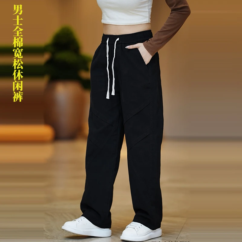 全棉黑色休闲裤男士秋季竖纹阔腿裤宽松工装裤直筒阔腿裤户外百搭