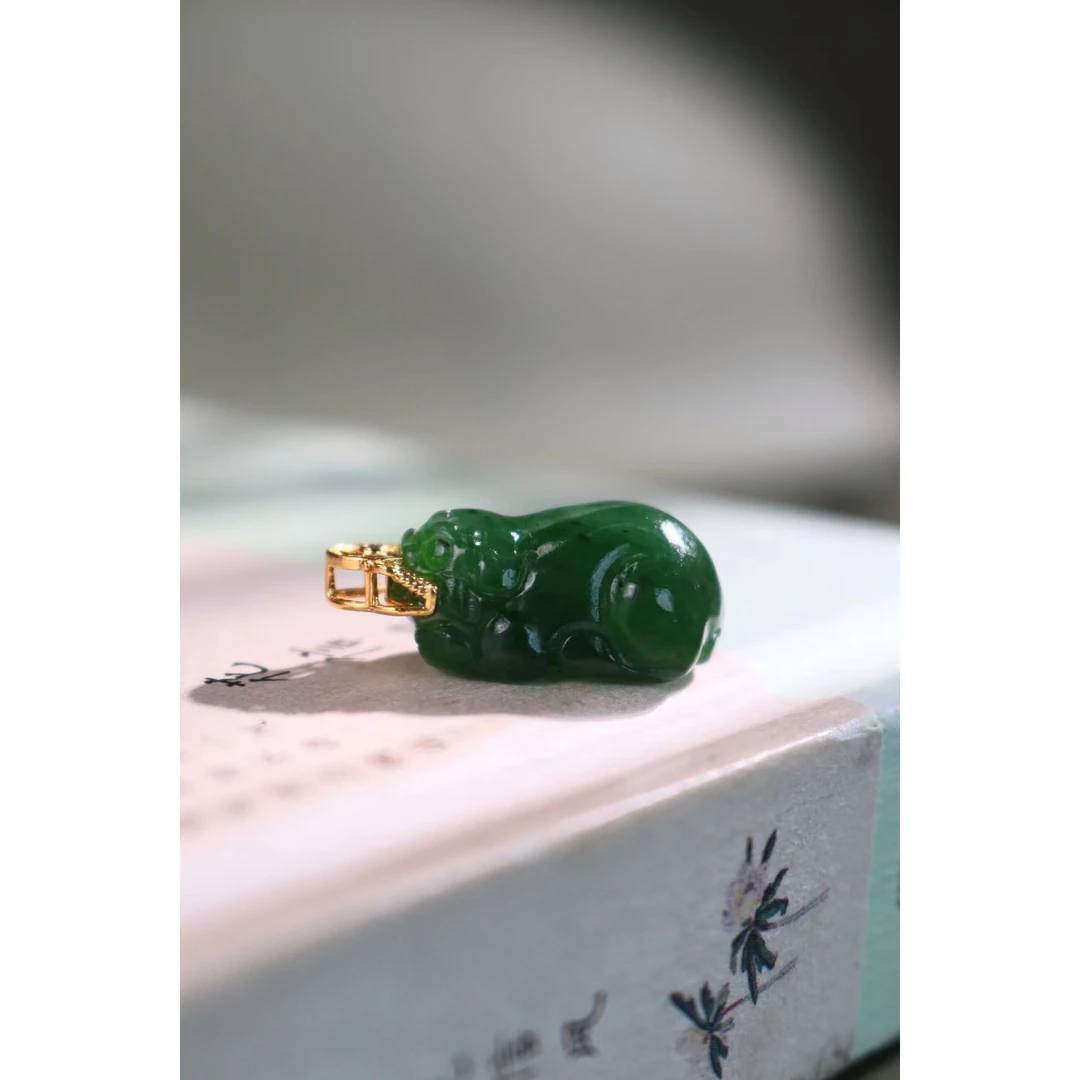 新疆和田玉（老料）碧玉18K金镶嵌吊坠男女款KJ001