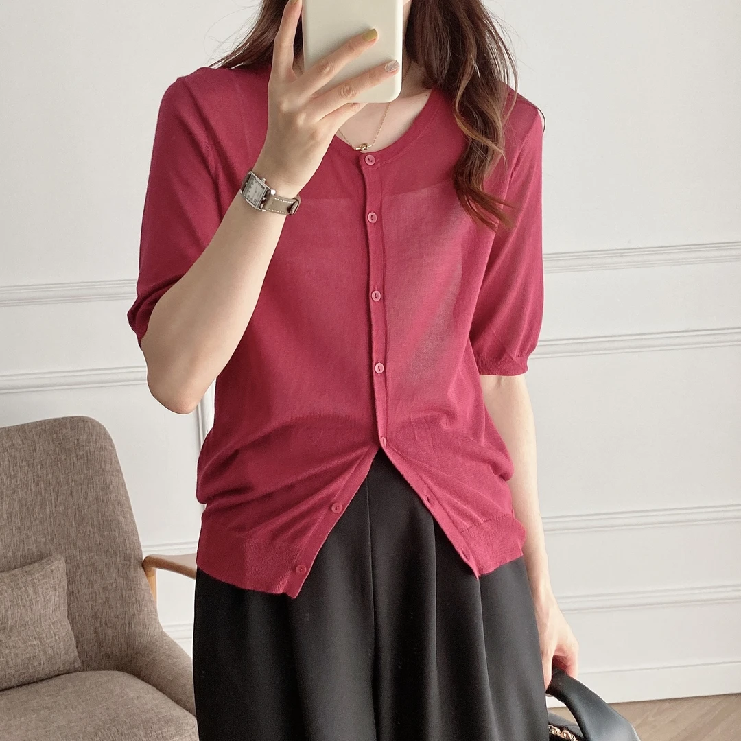 纯色针织单排扣圆领五分袖开衫（C008）W0101