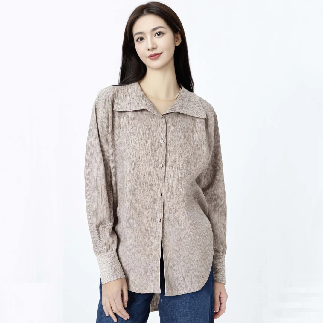 櫟丝御锦柞蚕丝女士翻领长袖衬衫春季宽松气质休闲简约 25026