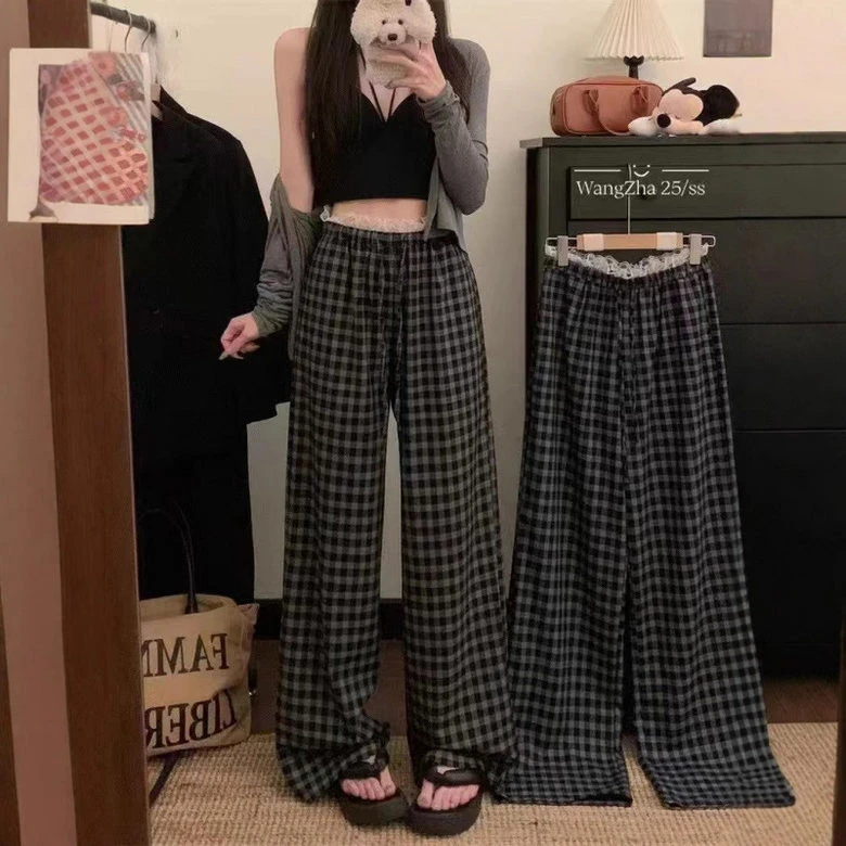 韩系蕾丝拼接休闲裤阔腿裤女春季新款高腰格纹慵懒风直筒裤拖地裤
