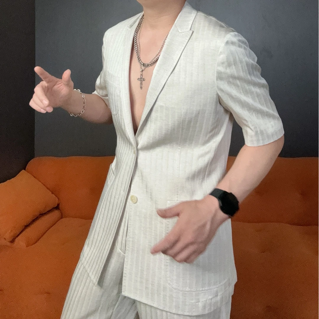 WZZ男夏季亚麻条纹短袖西服上衣轻薄凉爽休闲商务高级感设计时尚