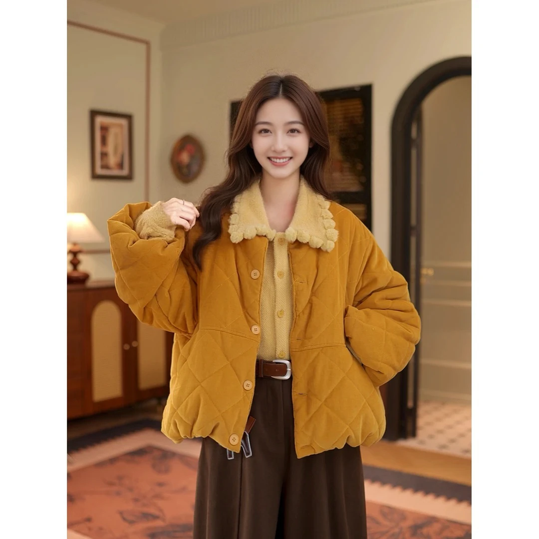 夹棉圆领棉服2025冬季新款女士蓝色时尚减龄保暖加厚棉衣短外套