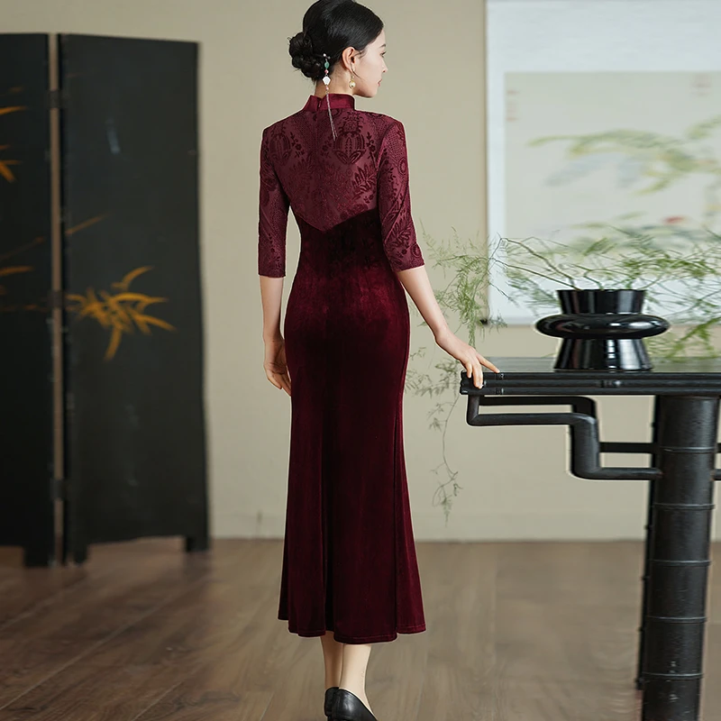 十月份装新款高贵旗开得胜新中式春秋旗袍妈妈礼服平时可穿鱼尾裙