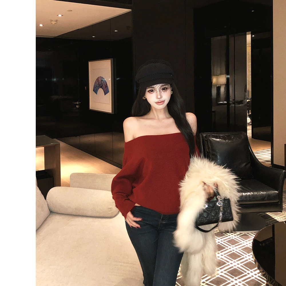 纯欲一字肩高级感气质长袖针织衫女秋冬季新款修身显瘦打底衫上衣