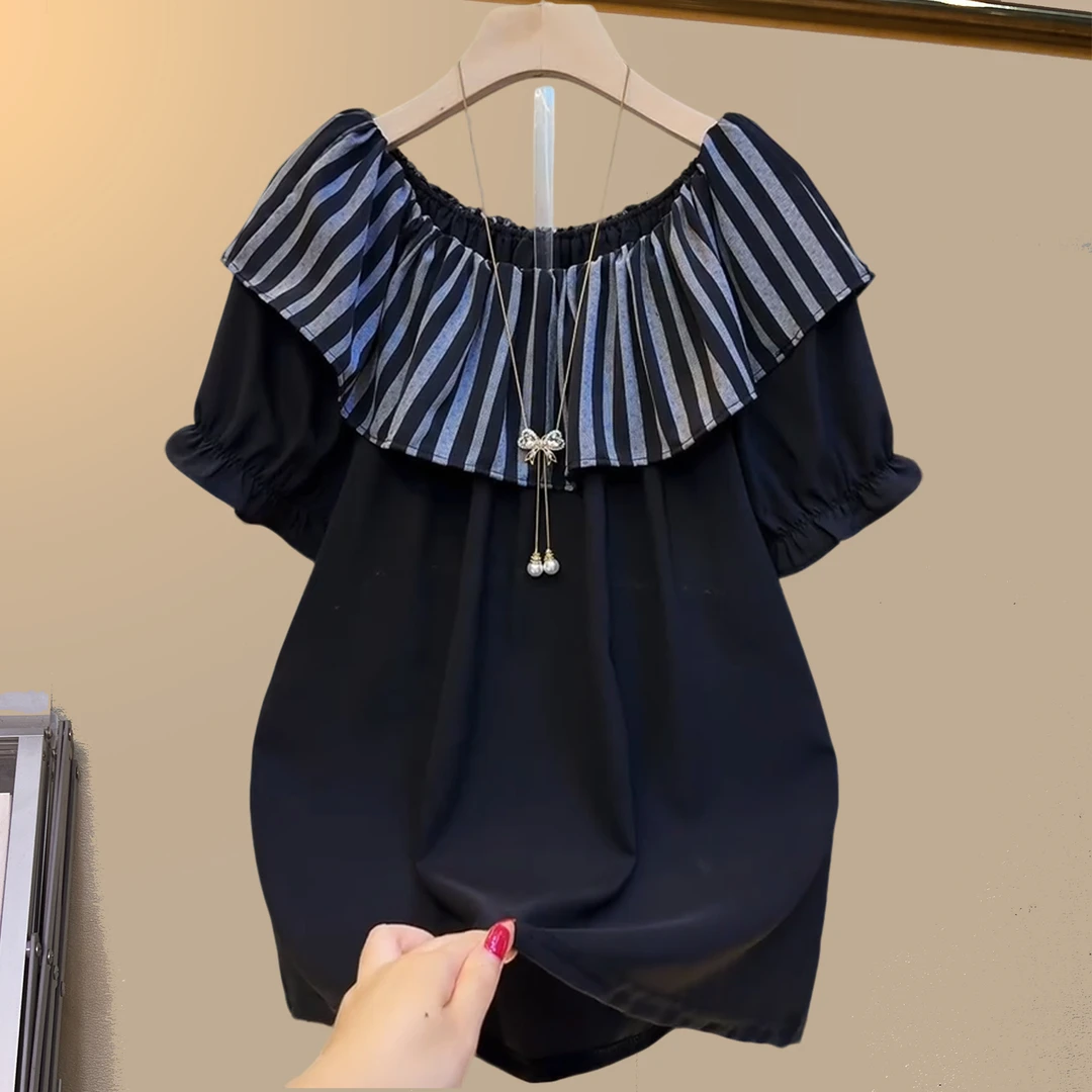 夏季大码女装胖妹妹黑色荷叶条纹大版宽松百搭显瘦短款半袖上衣