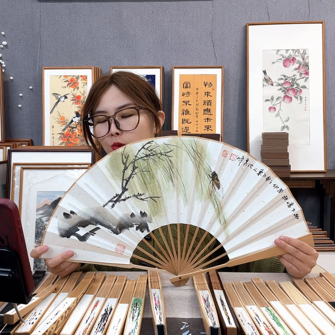 国画10寸玉竹-纯手绘-文玩扇骨（默认粘好）