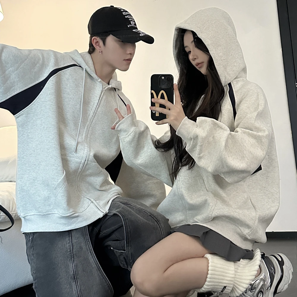 情侣装秋季新款慵懒风宽松一男一女开衫韩版连帽卫衣外套时尚运动
