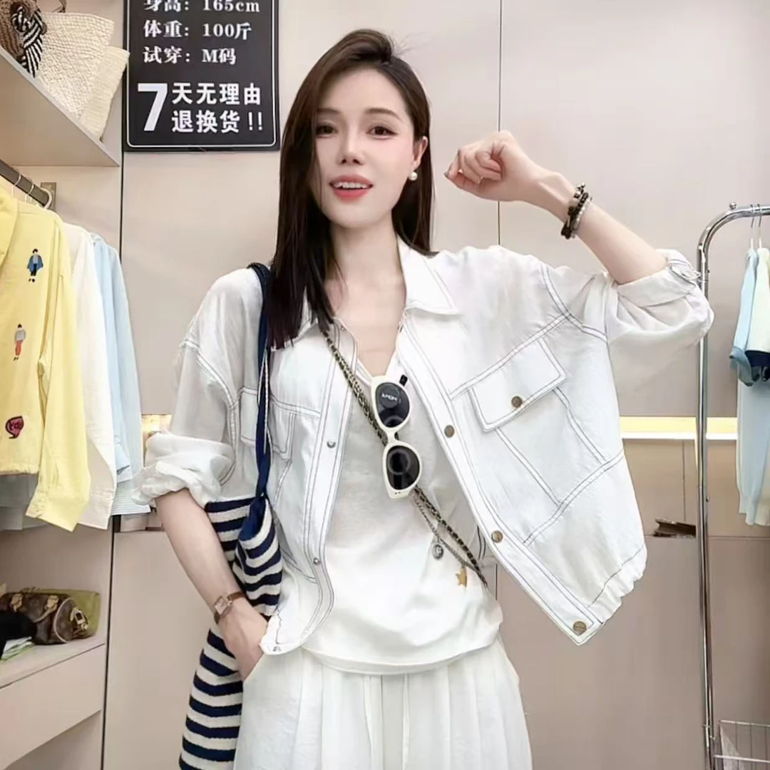 2025夏防晒衣翻领衬衫短外套女工装夹克抽绳显瘦休闲百搭上衣8818