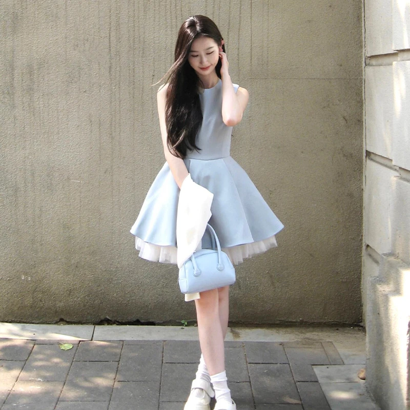 拼接无袖法式赫本连衣裙子女夏季2025新款撞色网纱气质收腰蓬蓬裙