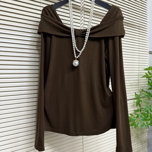 一字领轻职风长袖印花蝴蝶结T恤时尚休闲条纹修身