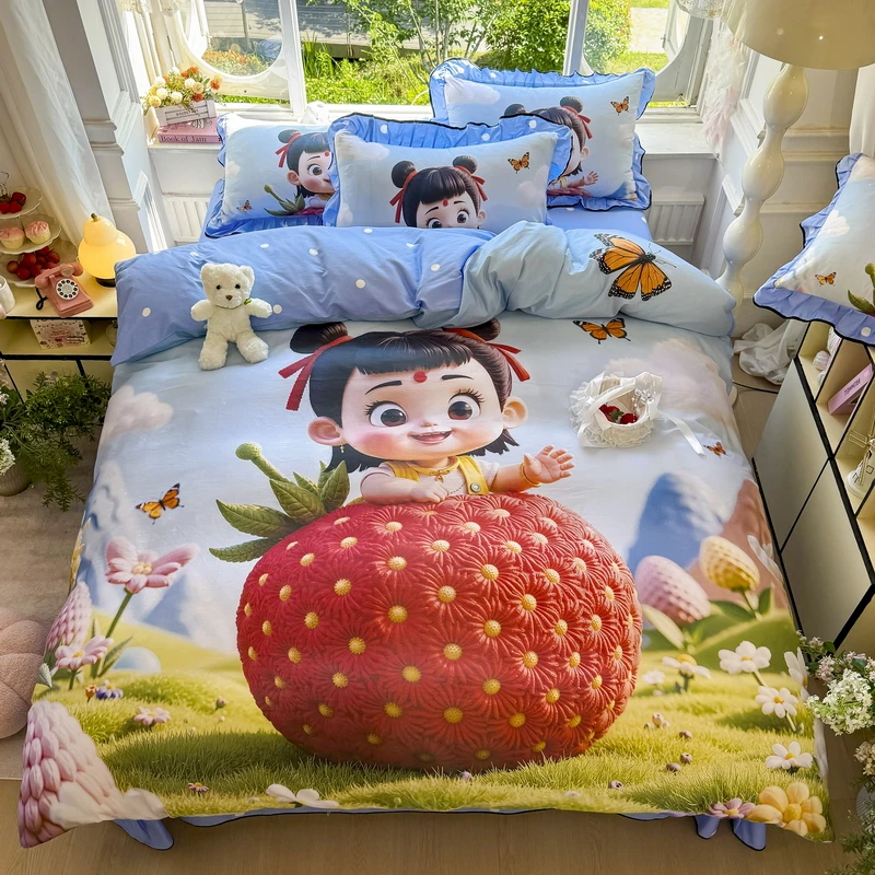 哪吒全棉卡通四件套女孩儿童被罩纯棉可爱敖丙哪吒学生宿舍三件套