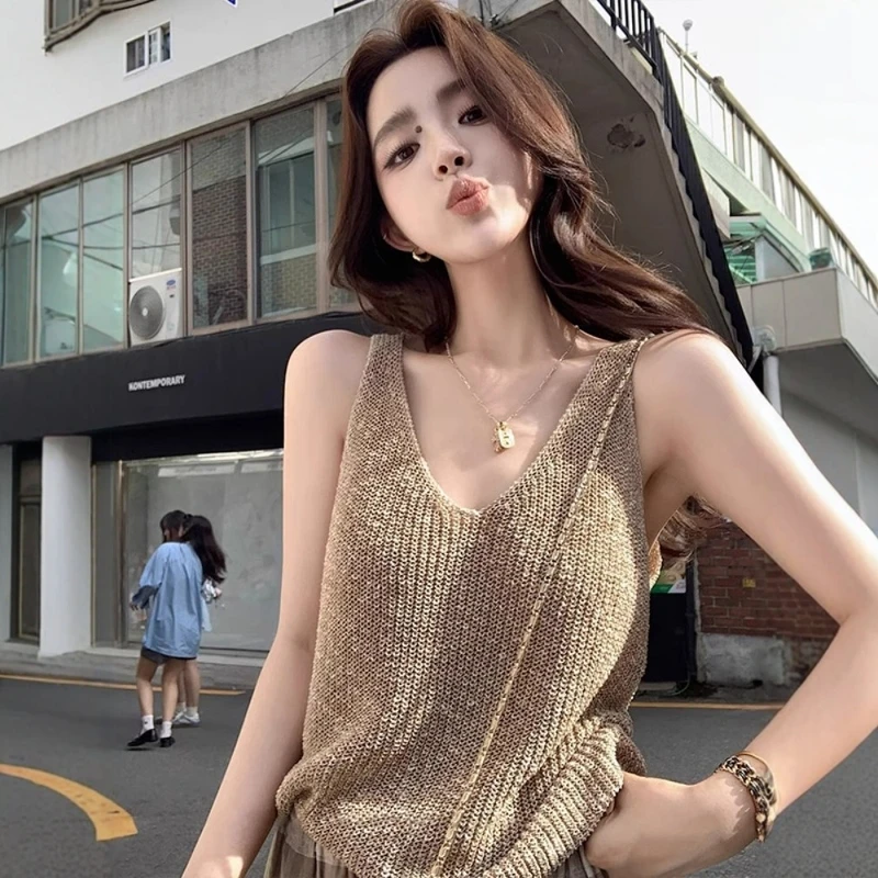 法式老钱风V领针织吊带背心女夏高级感美背外穿宽松显瘦无袖上衣