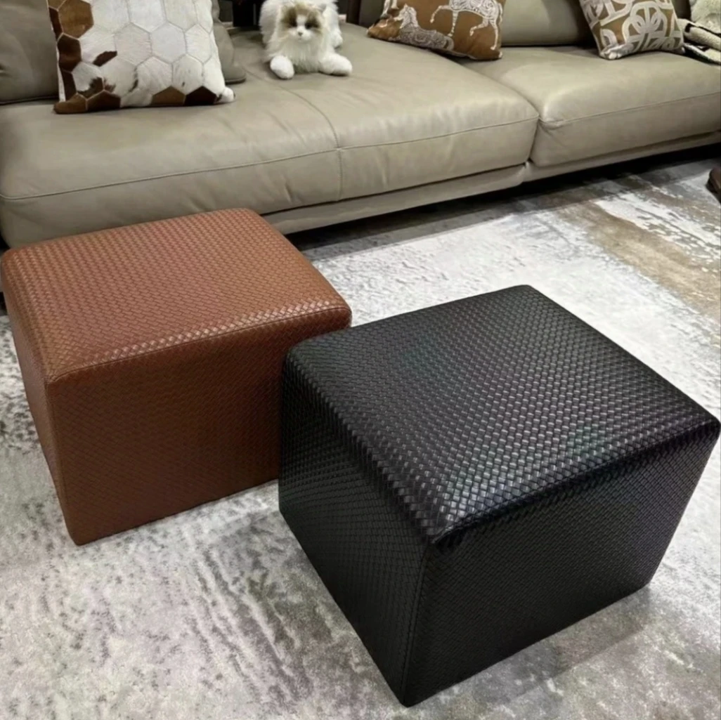 意式编织简约方凳子客厅家用搁脚凳换鞋凳高品质方形复古时尚