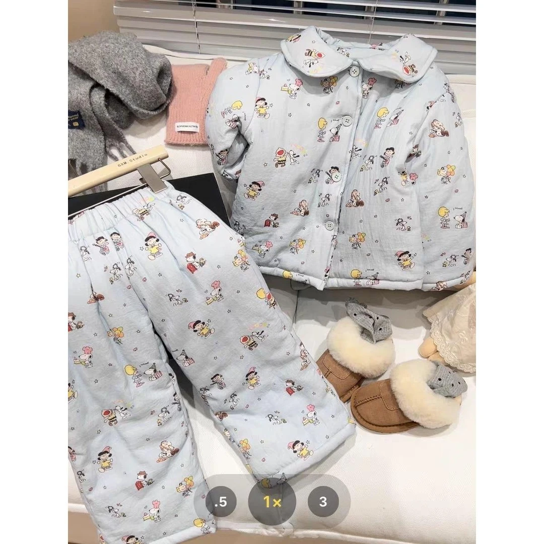 男童加绒加厚睡衣套装儿童冬装三层夹棉家居服两件套宝宝保暖童装