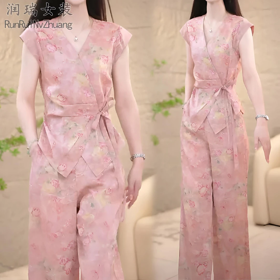 轻熟风印花休闲运动套装女2025夏季新款极简风碎花收腰显瘦两件套