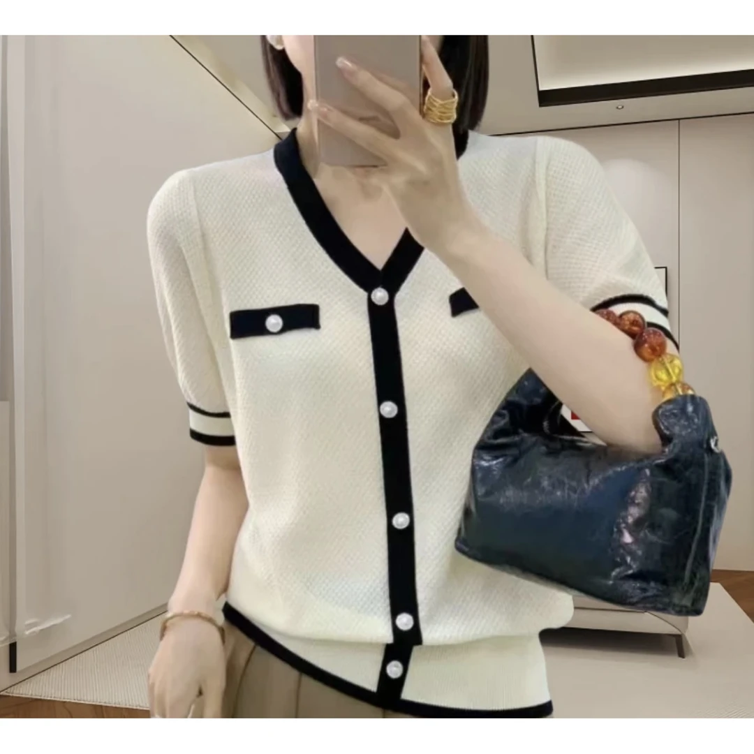 韩版小香风气质撞色拼接短袖V领2025夏季宽松休闲百搭针织衫T恤潮