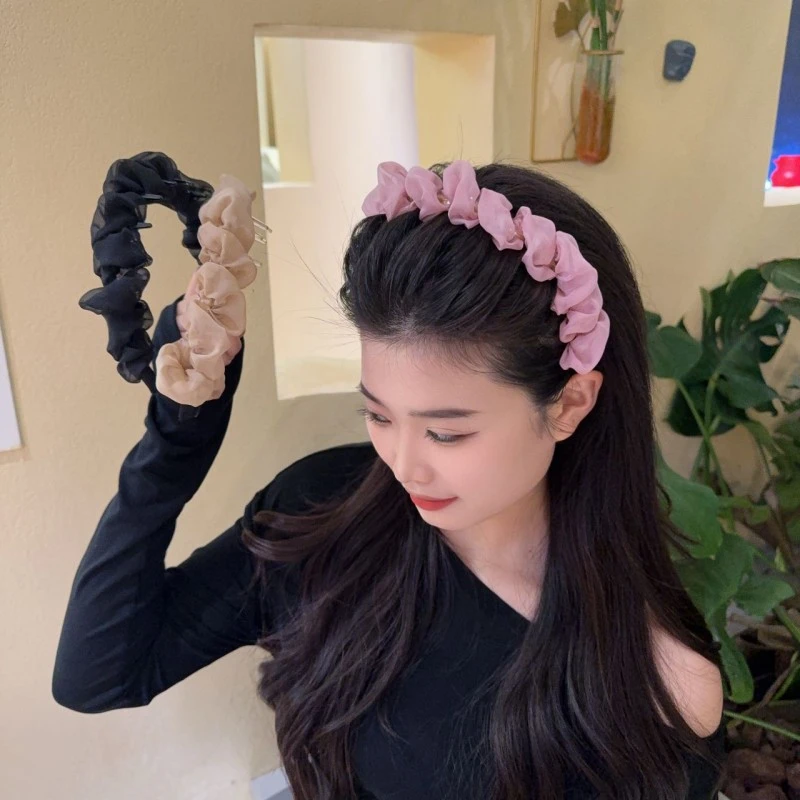 新款网纱皱褶发箍带齿防滑头箍高颅顶泡泡气质头饰纯色简约发饰