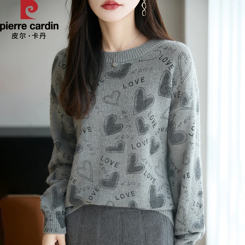 皮尔卡丹新款圆领撞色爱心针织衫时尚百搭提花套头毛衣秋冬打底衫