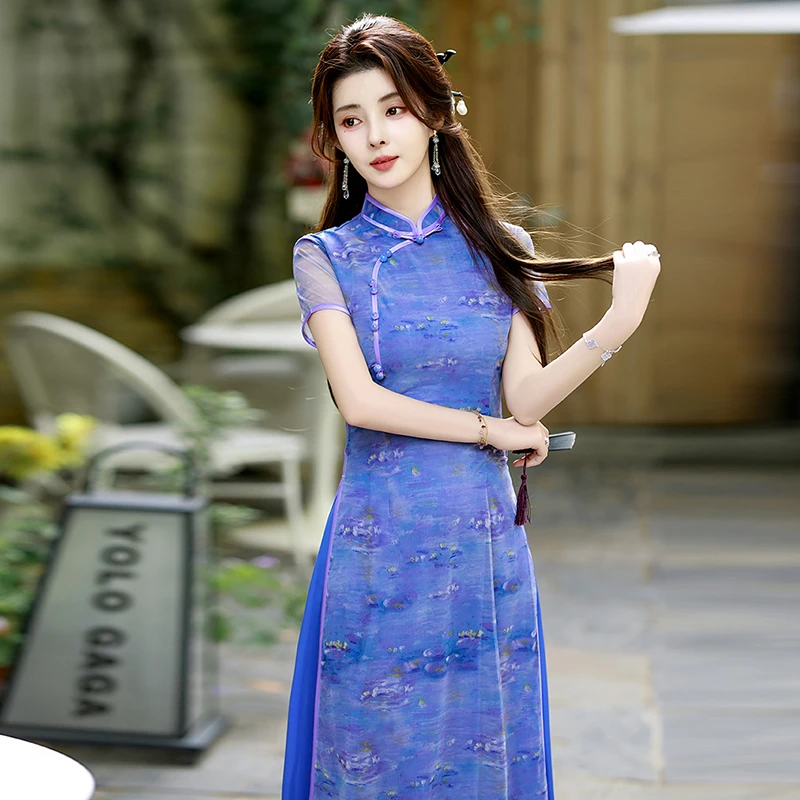 新中式旗袍2025夏季高端上海素雅国风礼服日常可穿蓝色改良连衣裙