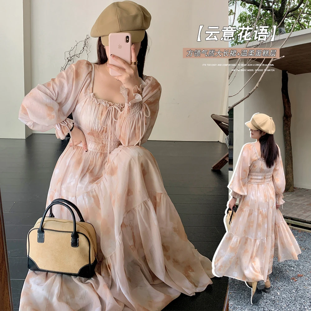 大码法式氛围感扎染连衣裙春新款胖MM中长款气质女裙夏季新款裙子
