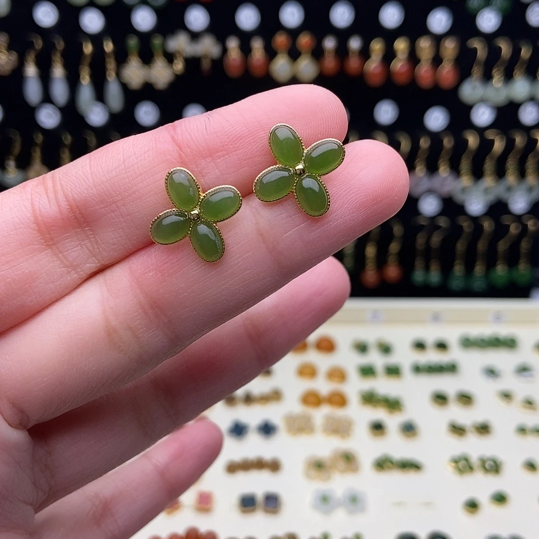 和田玉银S925镀金镶嵌耳饰