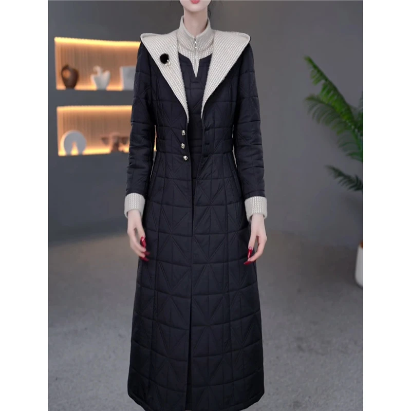 轻奢高定夹棉套装2025秋冬新款女士洋气显瘦连衣裙连帽大衣两件套