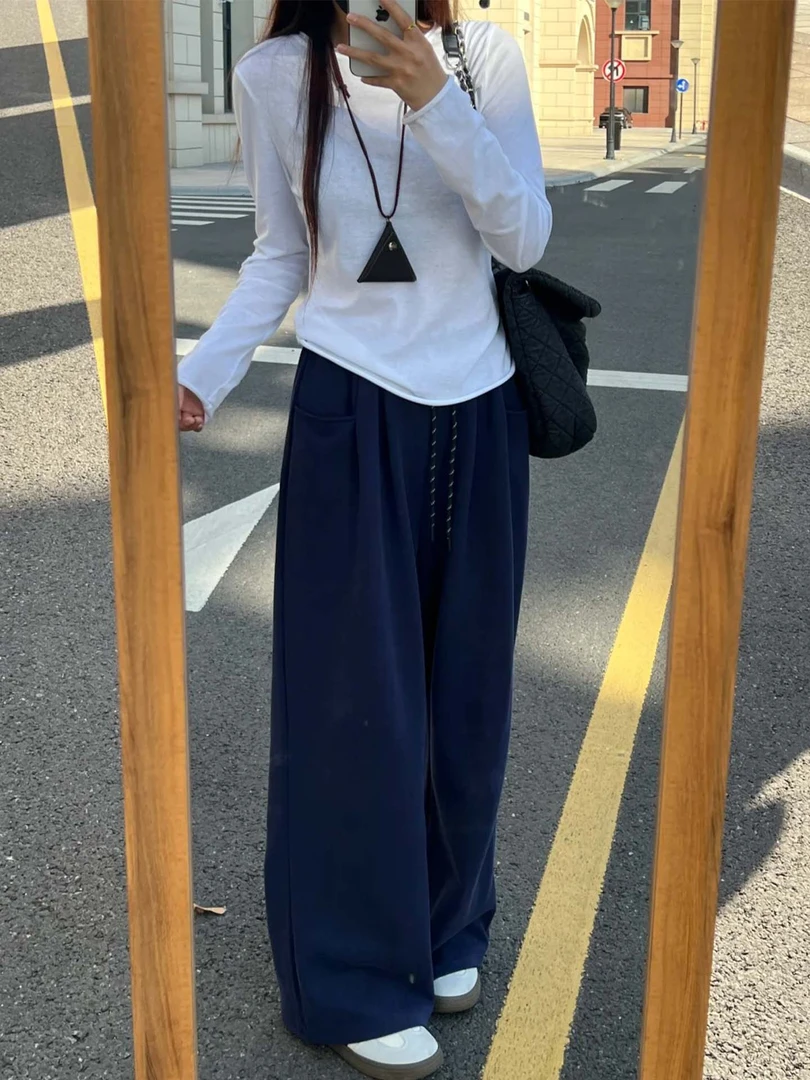 松弛感藏青色直筒卫裤女2025秋季新款胖mm宽松显瘦遮胯休闲阔腿裤