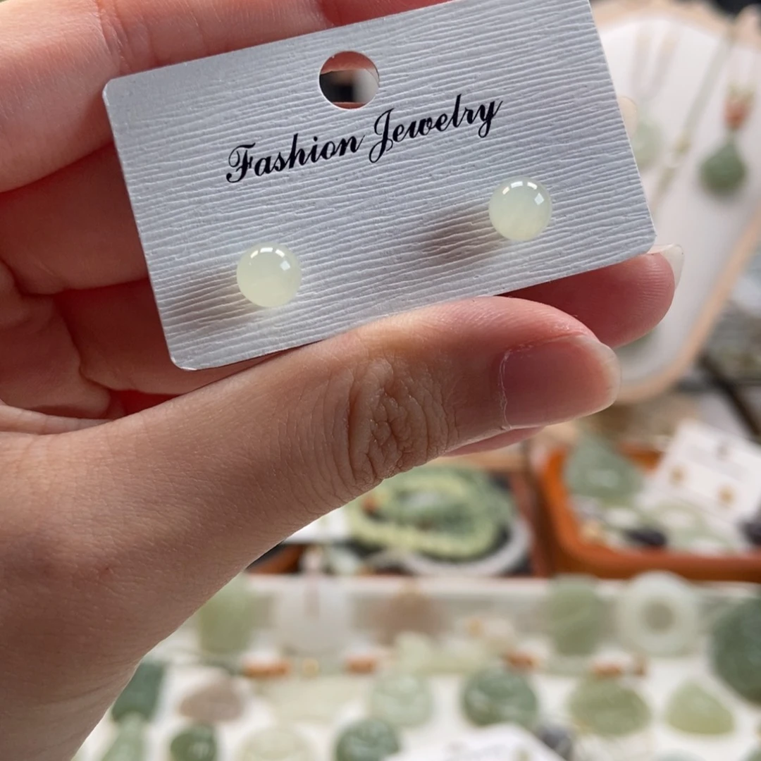 和田玉银S925镶嵌耳饰卡六晴白