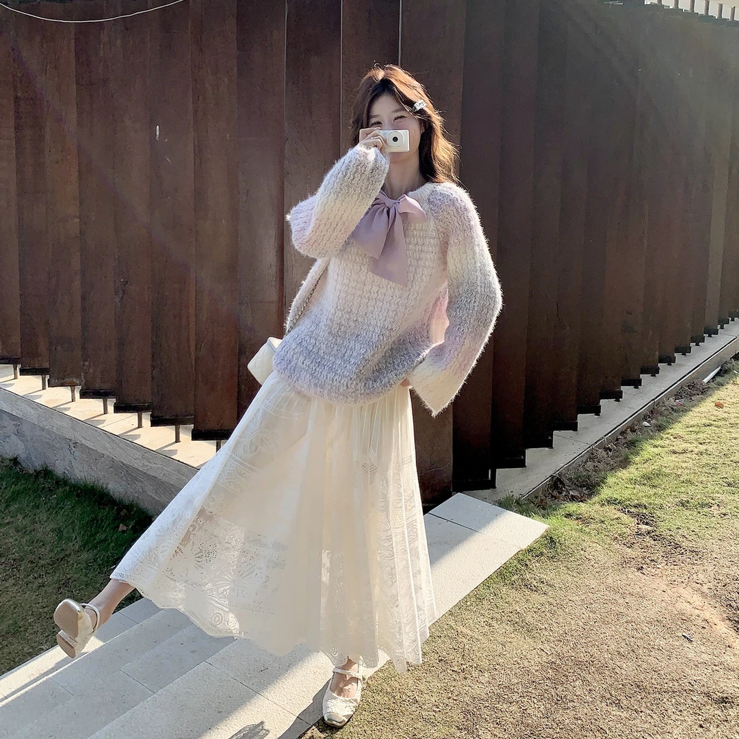 韩版渐变色条纹针织衫软糯毛衣半身裙套装2025早秋慵懒显瘦两件套