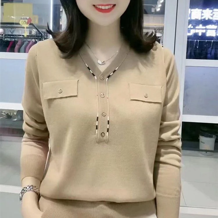 V针织打底衫领长袖宽松显瘦时尚减龄女装上衣