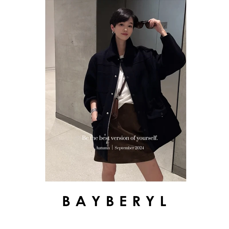 BAYBERYL老贝新风度*工装风藏青翻领抽绳厚毛呢外套MF4H2844-9/21