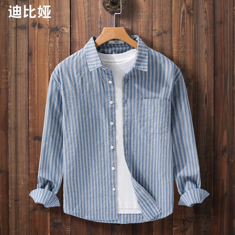 迪比娅秋季日系复古拼色竖条纹长袖衬衫男宽松休闲纯棉衬衣外套Y