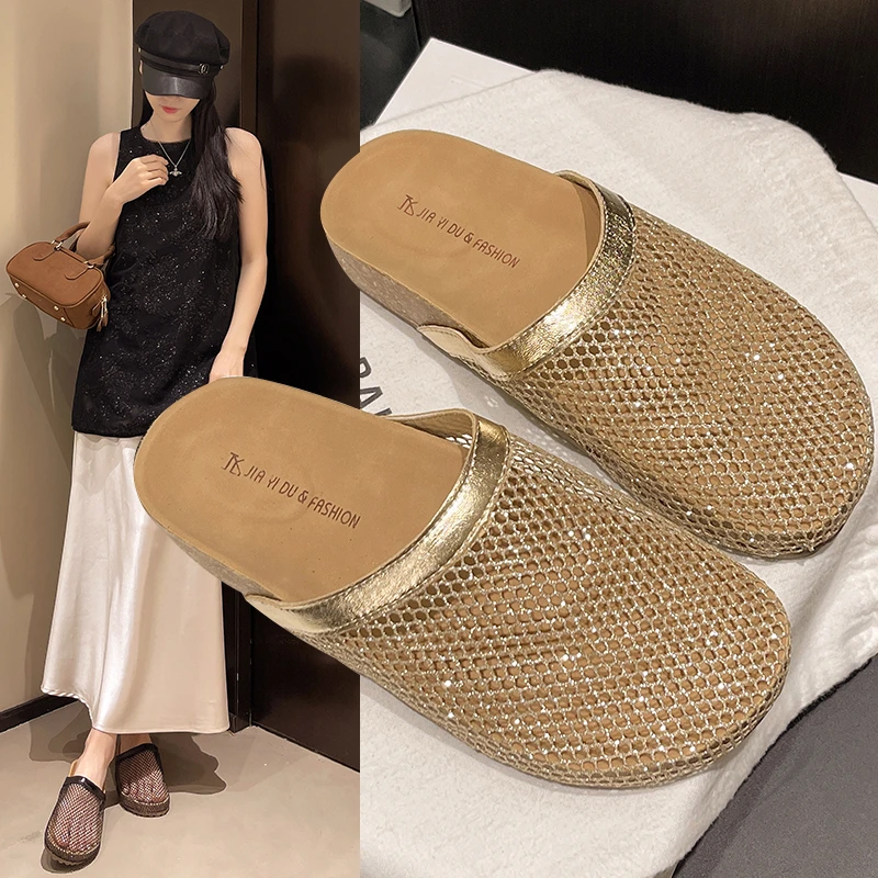 2025新款一脚蹬渔网面透气包头半拖鞋凉拖鞋