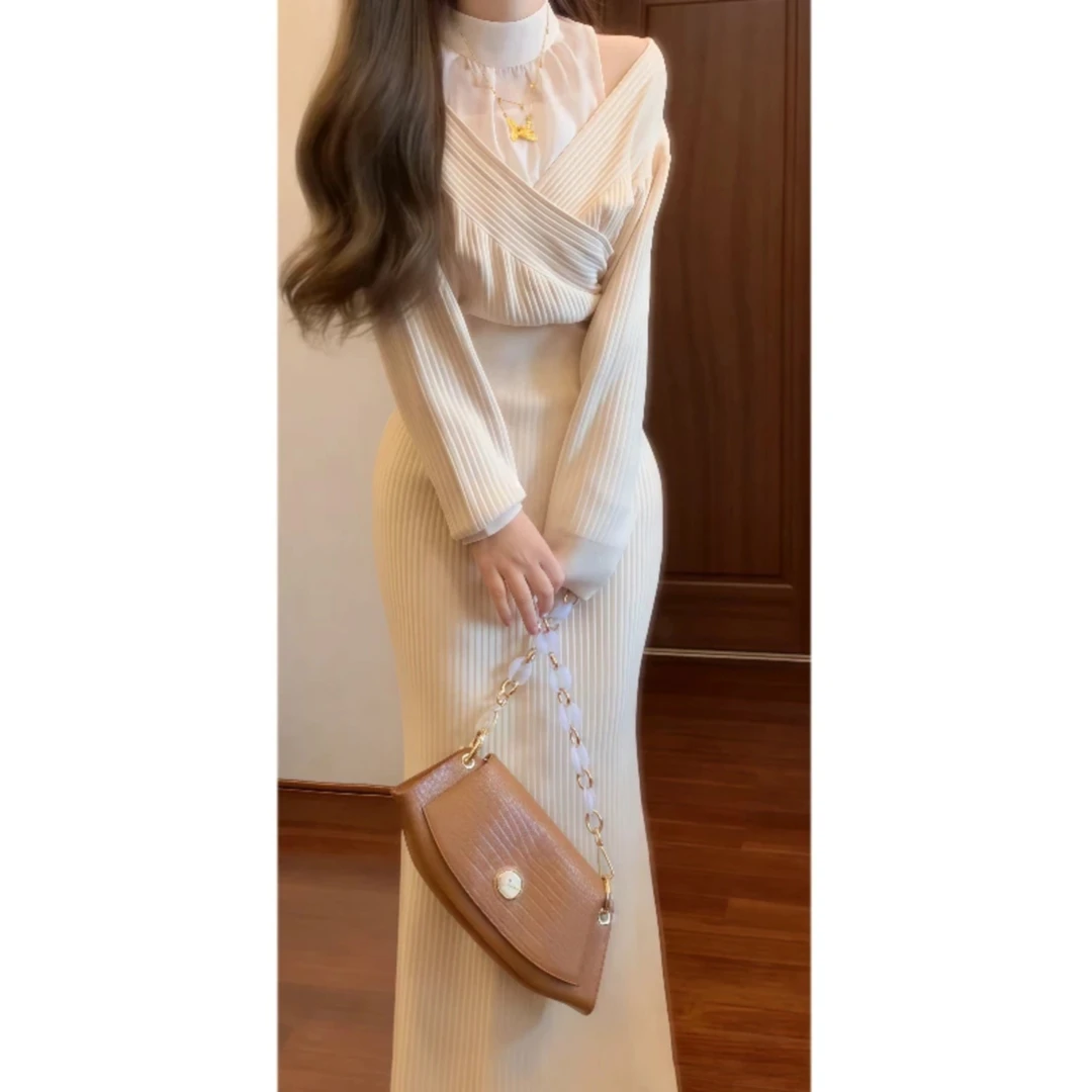 法式精致立领薄纱拼接显瘦露肩针织连衣裙假两件修身气质鱼尾长裙