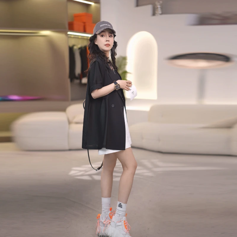 休闲百搭时尚中袖小西装小个子纽扣短款西装中长款短袖上衣2222