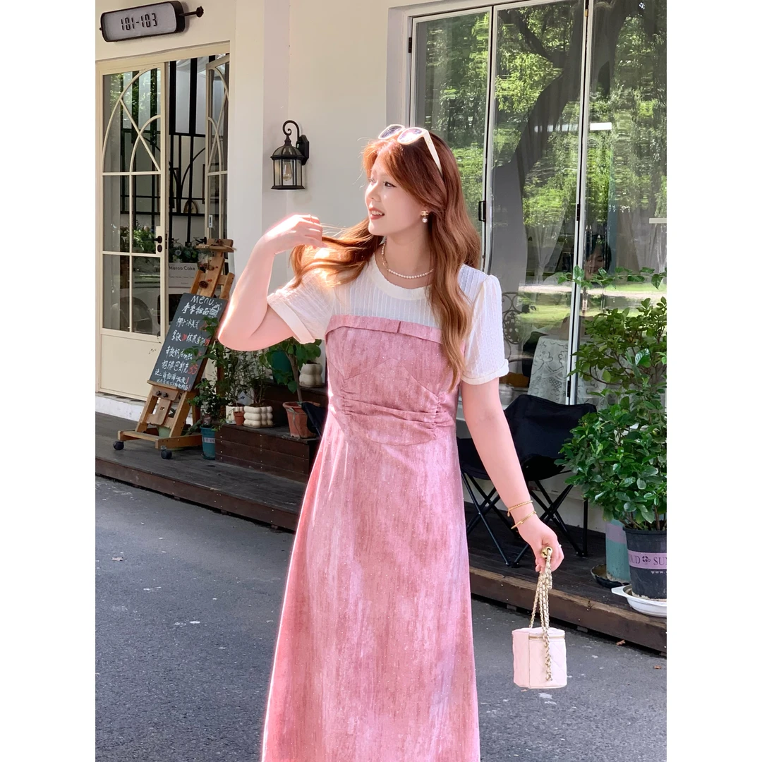 楠序迪迪微胖女装2025夏季时尚减龄显瘦拼接假两件连衣裙DD10613