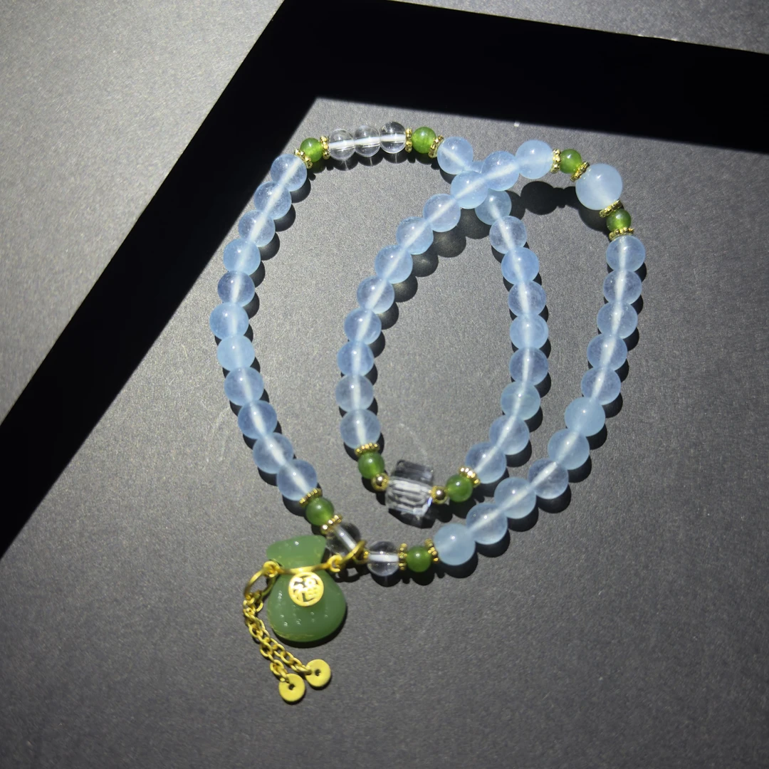 DL 1327 蓝石英质玉带绿隔珠+葫芦福牌配饰
