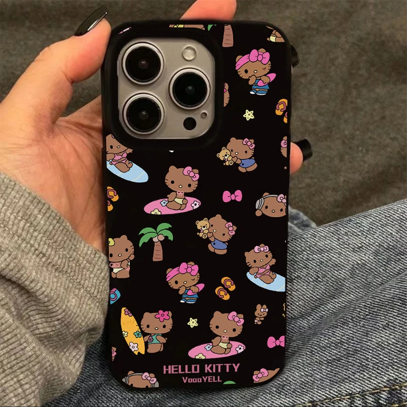 夏日黑皮冲浪KT猫适用苹果16手机壳iPhone13/15promax果冻14套12
