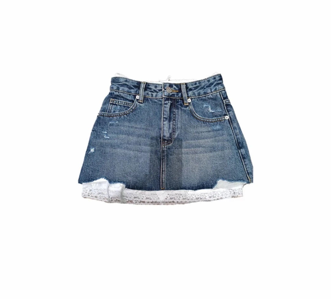 深圳南油小众设计师新品牛仔拼蕾丝牛仔半身裙